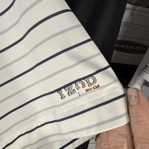 IZOD Shirt Mens Medium White Striped Golf Polo Outdoor Casual Collared Logo - Picture 3 of 5